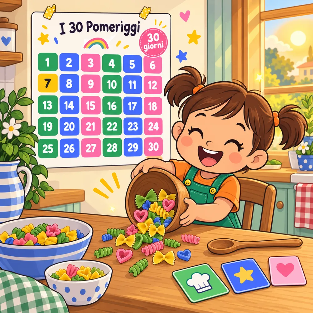 Una bambina ride versando la pasta da una ciotola, con il calendario dei 30 pomeriggi appeso al muro della cucina