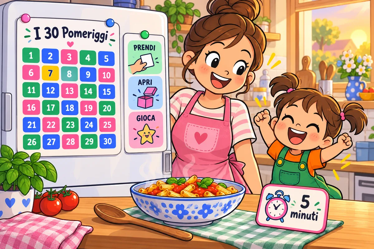 Una mamma sorridente in cucina con il calendario sul frigorifero e la carta del giorno in mano, mentre la bambina esulta